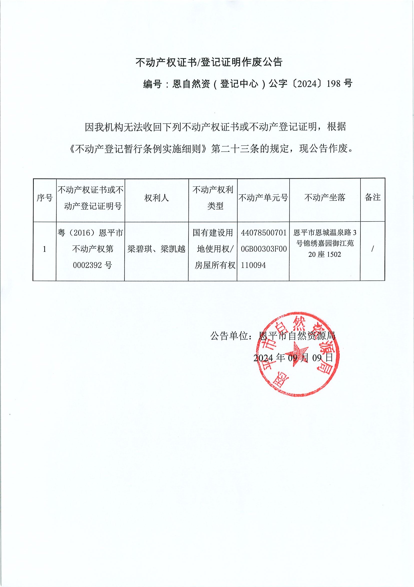 不動(dòng)產(chǎn)權(quán)證書(shū)登記證明作廢公告-恩自然資（登記中心）公字〔2024〕198號(hào)-梁碧琪、梁凱越.jpg