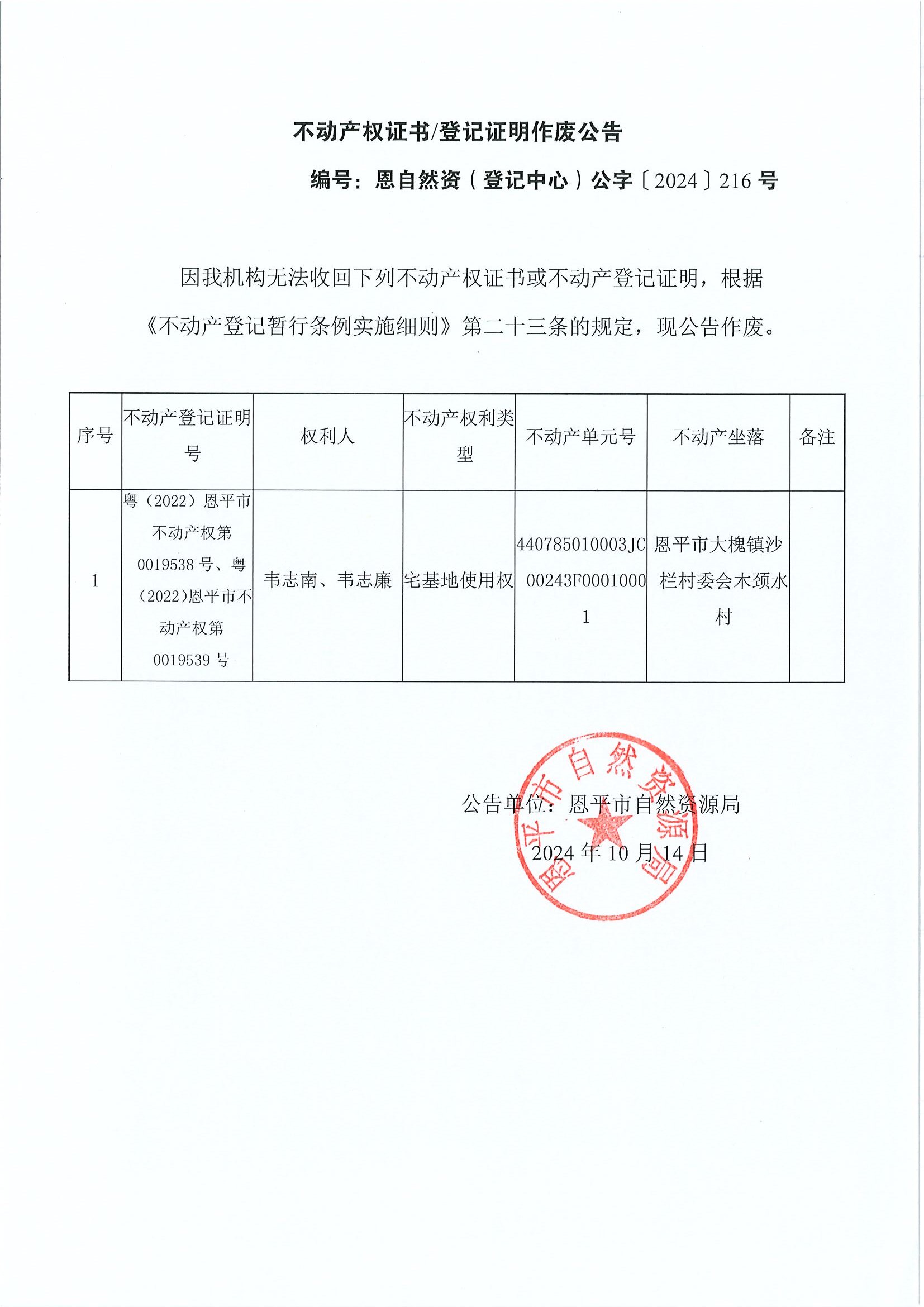 不動(dòng)產(chǎn)權(quán)證書登記證明作廢公告-恩自然資（登記中心）公字〔2024〕216號(hào)-韋志南、韋志廉.jpg