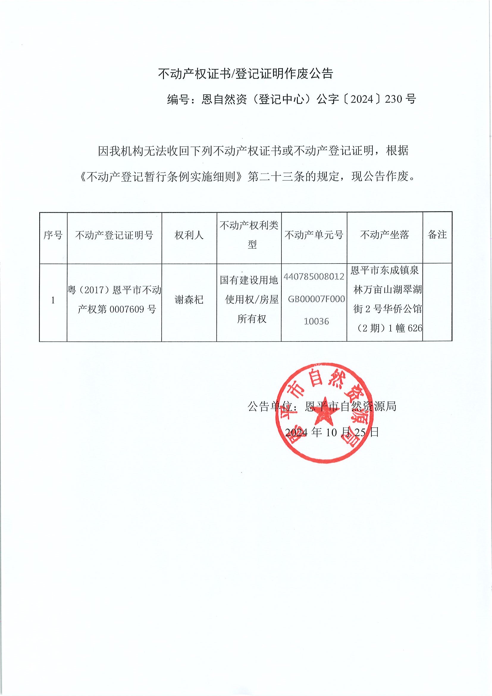 不動產(chǎn)權證書登記證明作廢公告-恩自然資（登記中心）公字〔2024〕230號-謝森杞.jpg