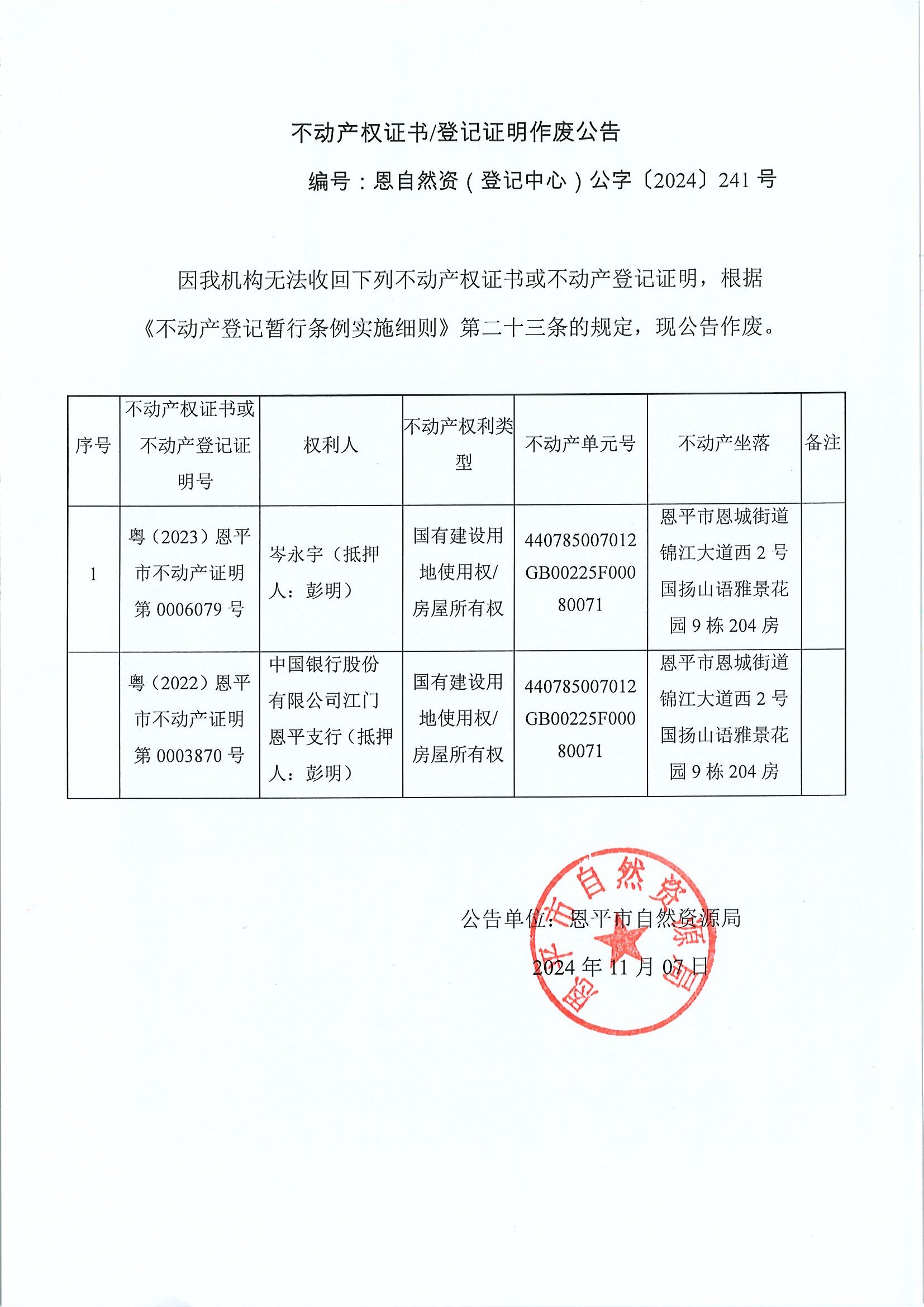 不動產(chǎn)權(quán)證書登記證明作廢公告-恩自然資（登記中心）公字〔2024〕241號-岑永宇（抵押人：彭明）、中國銀行股份有限公司江門恩平支行（抵押人：彭明）.jpg