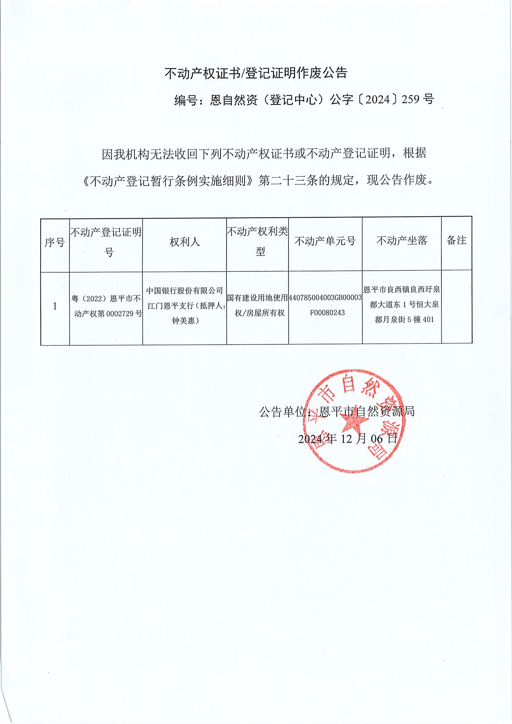 ä¸å‹•ç”¢(chÇŽn)æ¬Š(quÃ¡n)è­‰æ›¸ç™»è¨˜è­‰æ˜Žä½œå»¢å…¬å‘Š-æ©è‡ªç„¶è³‡ï¼ˆç™»è¨˜ä¸­å¿ƒï¼‰å…¬å­—ã€”2024ã€•259è™Ÿ-ä¸­åœ‹éŠ€è¡Œè‚¡ä»½æœ‰é™å…¬å¸æ±Ÿé–€æ©å¹³æ”¯è¡Œï¼ˆæŠµæŠ¼äººï¼šé˜ç¾Žæƒ ï¼‰.jpg