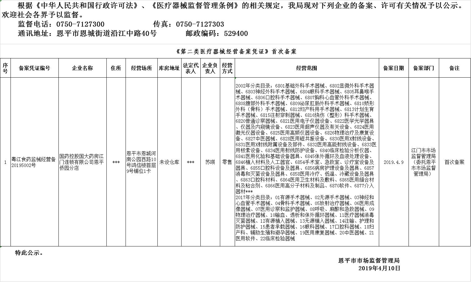 恩平市2019年第三期醫(yī)療器械經(jīng)營企業(yè)備案、許可公示（二類備案）.png