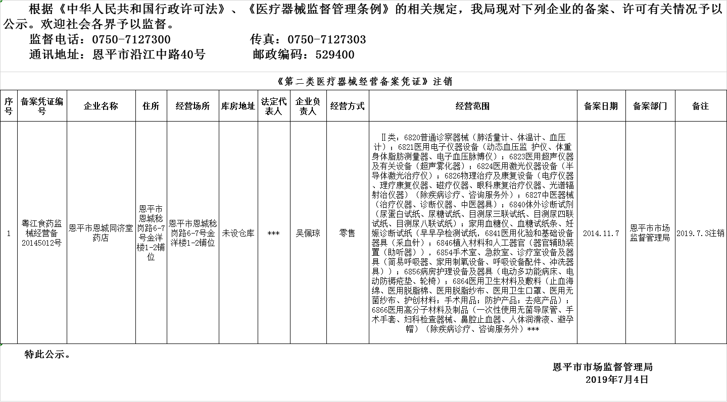 恩平市2019年第十期醫(yī)療器械經營企業(yè)備案、許可注銷公示--二類備案.png